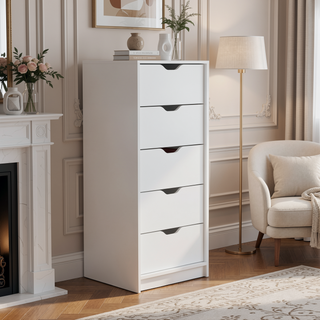 Sunvega 5 Drawer Tall Dresser with Pull Out System in Fine White Finish