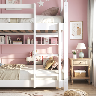 Sunvega Twin Over Twin Wooden House Bunk Bed with Headboards Footboards Guardrails Ladder