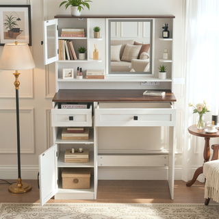 Sunvega Farmhouse Makeup Vanity Desk with Mirror Lights and Charging Station