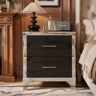 Sunvega High Gloss Mirrored Nightstand with Metal Handle and 2 Drawers for Bedroom
