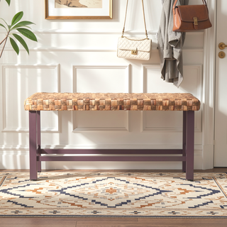 Sunvega Handwoven Seagrass Dining Bench with Cushion and Adjustable Foot Pegs for Farmhouse Kitchen