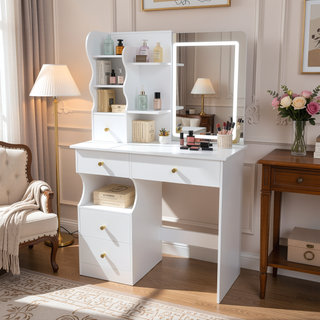 Sunvega 7-Drawer Vanity Desk with LED Mirror Jewelry Storage and PU Stool