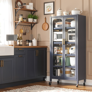 Sunvega 6 Tier Metal Kitchen Pantry Storage Cabinet with Transparent Door and Wheels