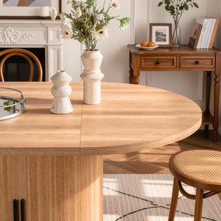 Sunvega Modern Oval Dining Table with 2-Layer Storage Shelf and Wood Slide Door