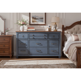 Sunvega Corduroy Blue Finish 9-Drawer Dresser with Antique Pewter Hardware