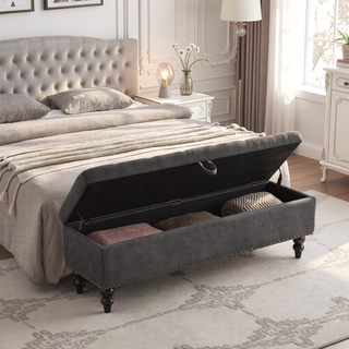 Sunvega Beige Fabric Upholstered Storage Ottoman Bench with Button Tufted Top