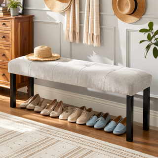 Sunvega Modern Tufted Linen Dining Bench with Black Rubber Wood Legs for Kitchen Entryway