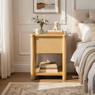 Sunvega Modern Farmhouse Nightstand with Drawer and Open Shelf for Bedroom or Living Room