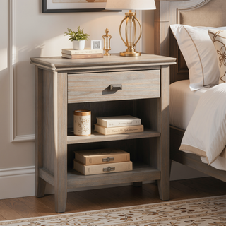 Sunvega Distressed Grey Transitional Bedside Table with Drawer and Shelf