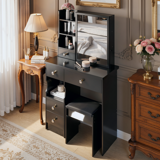Sunvega Small Size Left Drawer Vanity Table with Cushioned Stool and Sliding Mirror