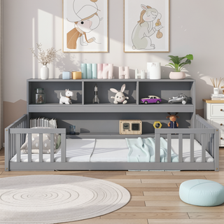 Sunvega Twin Floor Bed with Bedside Bookcase Guardrails and Shelves in Grey