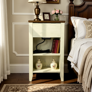 Sunvega Farmhouse End Table with Charging Station, Barn Door, and Drawer for Bedroom