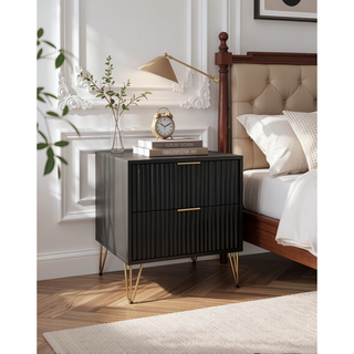 Sunvega Modern Glam Nightstand with Gold Metal Handles and Splayed Legs for Bedroom