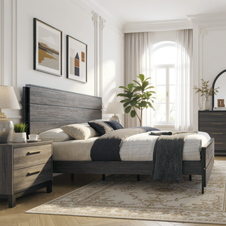 Sunvega Antique Grey Wood 6-Piece Queen Size Bedroom Set with Dresser Mirror and Chest