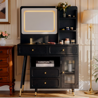 Sunvega Modern Makeup Vanity Desk with Retractable Mirror and LED Lights