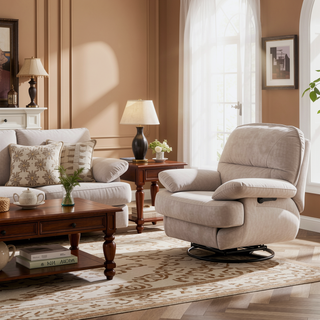 Sunvega Ivory Gold-Stamped Velvet Recliner with Swivel Gliding Rocking and Mobile Phone Holder