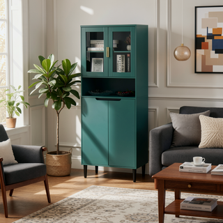 Sunvega Tall Storage Bookcase with 4 Adjustable Shelves and Tempered Glass Doors