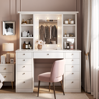Sunvega Makeup Vanity Desk with 11 Drawers and Large Storage, 10 Bulb LED Mirror with 3 Lighting Modes