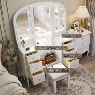 Sunvega Antique White Makeup Vanity Desk with Triple Mirror and 6 Drawers