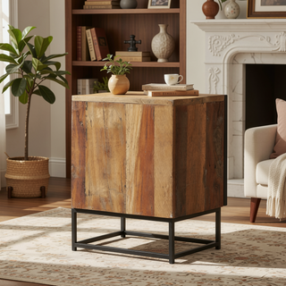 Sunvega Handcrafted Recycled Wood Boho Nightstand with Iron Frame and Storage