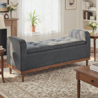 Sunvega Solid Wood Walnut Finish Tufted Dark Gray Upholstered Storage Bench with Lift Top