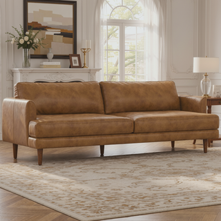 Sunvega Mid-Century Modern 90-inch Genuine Leather Sofa with Feather Cushions