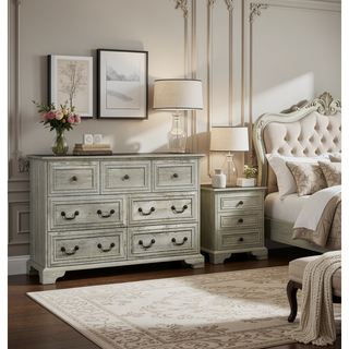 Sunvega Vintage Farmhouse Dresser with 7 Drawers and Antique White Finish