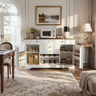 Sunvega Modern Farmhouse White Buffet Cabinet with Hutch for Kitchen Storage and Dining Room