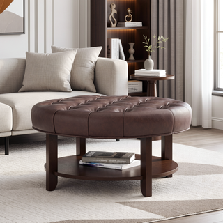 Sunvega Round Ottoman with Faux Leather Upholstery and Open Shelf for Living Room