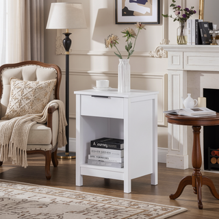 Sunvega White Wooden End Table with Charging Station and 2 Drawers for Bedroom