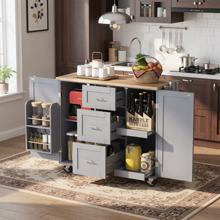 Sunvega Rolling Kitchen Island with Storage Cart, 3 Drawer and Slide-Out Shelf Design