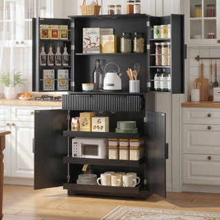Sunvega Freestanding Fluted Kitchen Pantry Cabinet with 3 Keyboard Drawers and 6 Shelves