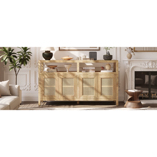 Sunvega Bohemian Style Rattan Buffet Cabinet with Solid Wood Frame and Adjustable Shelves for Living Dining Rooms
