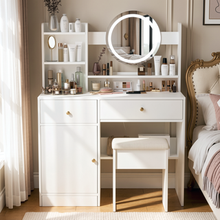 Sunvega White Makeup Vanity Desk with Mirror Lights Adjustable Brightness and Chair