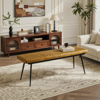 Sunvega Tufted Cushion Side Bench with Padded Goat Leather Upholstery and Tapered Metal Legs
