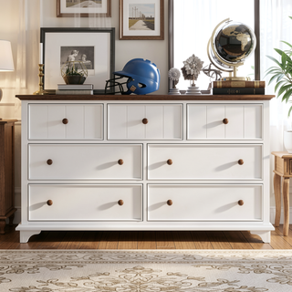 Sunvega Retro White and Walnut Wooden Seven-Drawer Dresser for Bedroom Storage
