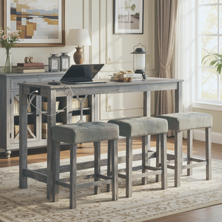 Sunvega 59 Inch Bar Table Set with Power Outlet and 3 Upholstered Stools for Kitchen
