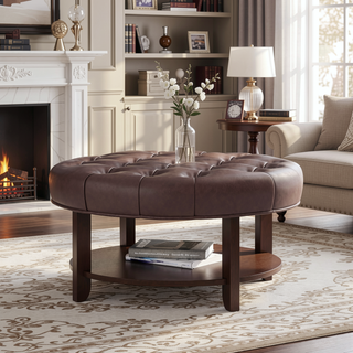 Sunvega Round Ottoman with Faux Leather Upholstery and Open Shelf for Living Room