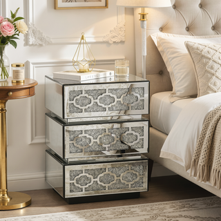 Sunvega Modern Mirrored Nightstand with 3 Drawers and Crystal Handles for Bedroom