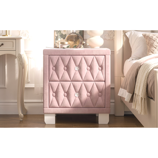 Sunvega Pink Velvet Nightstand with Crystal Knob Handles and Two Spacious Drawers