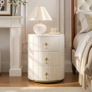 Sunvega Upholstered Round Nightstand with 3 Drawers and Marbling Top
