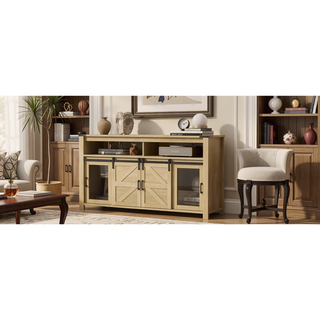 Sunvega Farmhouse Sideboard with Sliding Barn Door Mesh Panels and Open Storage