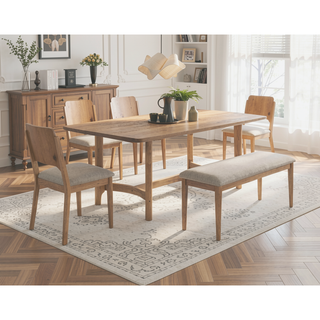 Sunvega Contemporary Warm Wood Beige Upholstered Fabric Dining Bench with Cushion Seats