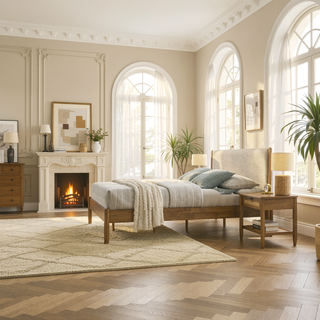 Sunvega Rubberwood Queen Bedroom Set with Corduroy Upholstered Bed Dresser Mirror Nightstand