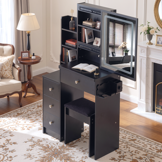 Sunvega Small Size Left Bedside Vanity Table with Cushioned Stool and Touch LED Mirror