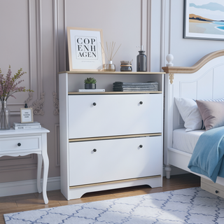 Sunvega Light Oak White Wood Shoe Rack with Two Doors and Three Storage Shelves