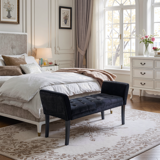Sunvega Black Velvet Lathen Bench with Arms for Comfortable Seating and Lounging