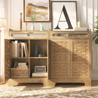 Sunvega Mid-Century Wood Storage Cabinet with 3 Woven Doors and Adjustable Shelf