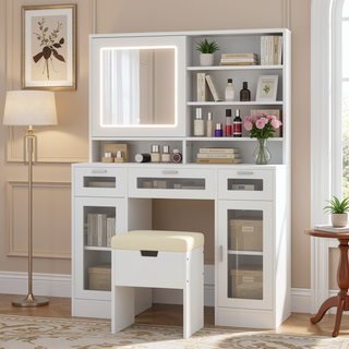 Sunvega Makeup Vanity with Sliding Mirror, LED Lights, Storage Stool, and Charging Station