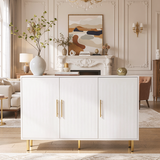 Sunvega White Fluted 3-Door Large Storage Sideboard Cabinet with Gold Handles